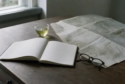 An open blank notebook, a folded contour map, reading glasses and a glass of green tea on a wooden desk