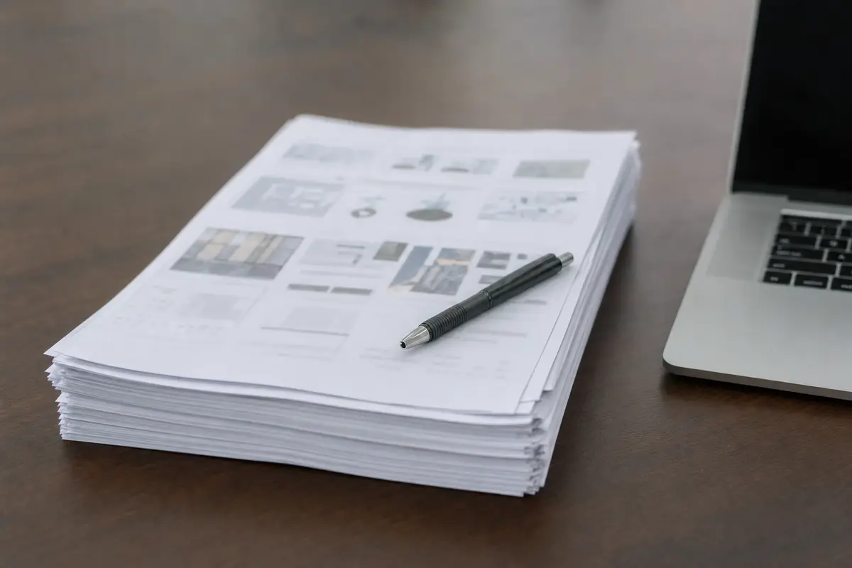 A thick stack of printed page proofs with a pen laid on top, beside a laptop on a dark desk