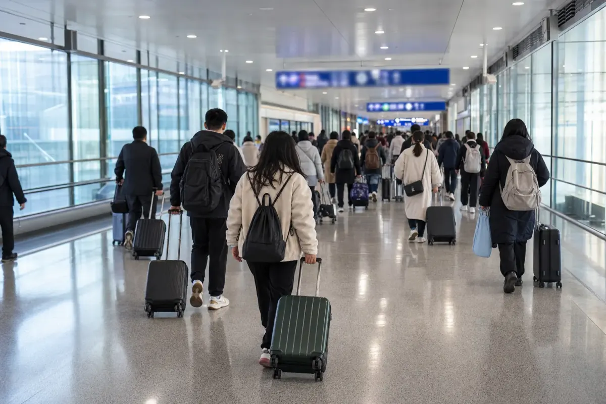 Travelers with suitcases crossing from an airport terminal into a high-speed rail concourse in eastern China