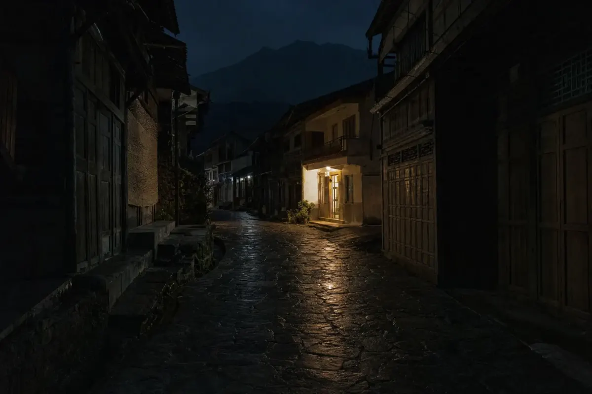 A village lane at Moganshan after dark, lit only by a guesthouse doorway
