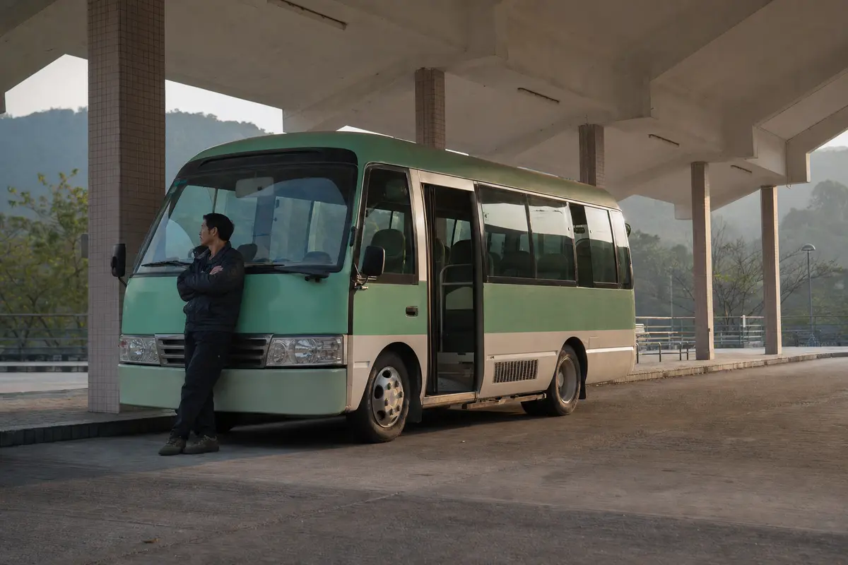 A small shuttle minibus waiting with its doors open in a station coach bay