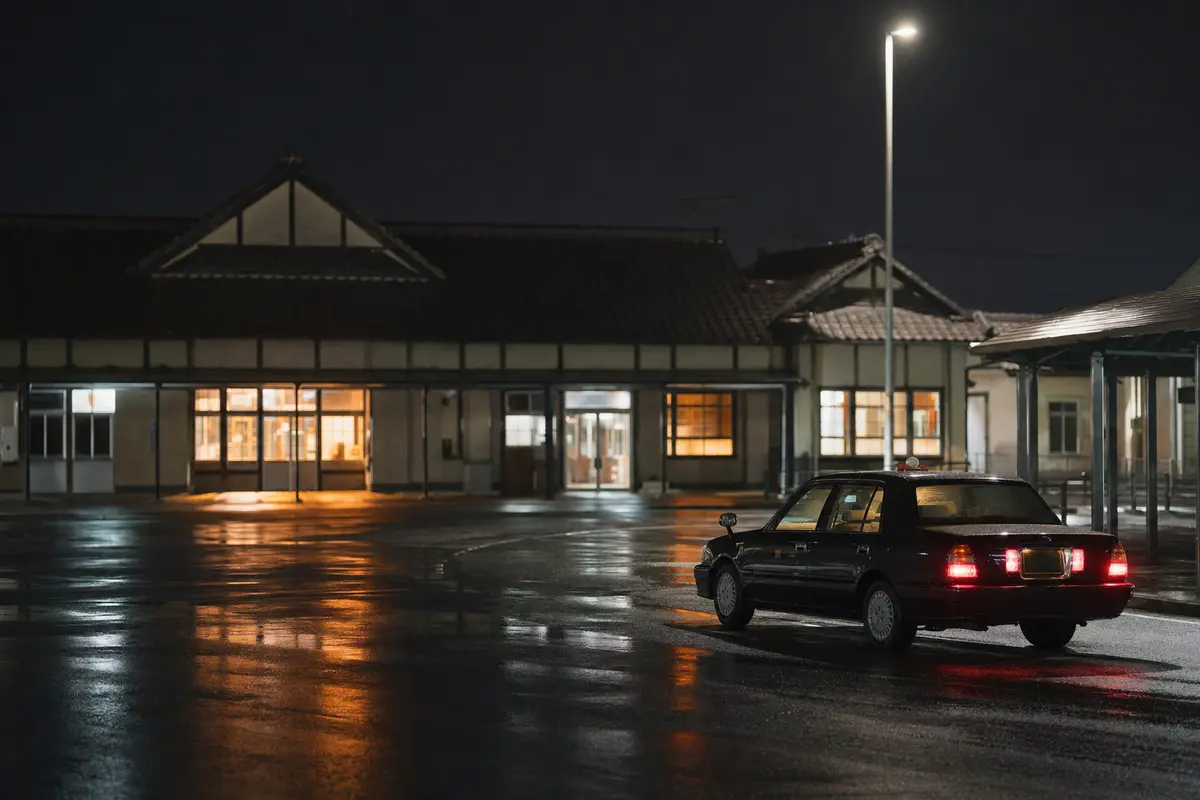 A taxi waiting on wet tarmac outside a small station after dark