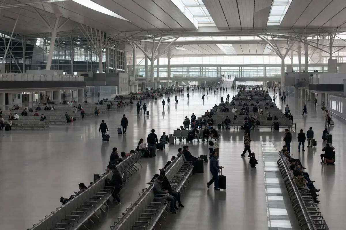 The concourse of a large Chinese high-speed railway station seen from above