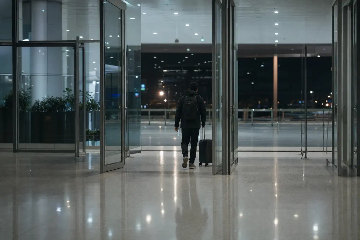A traveller with a suitcase leaving an airport arrivals hall at night