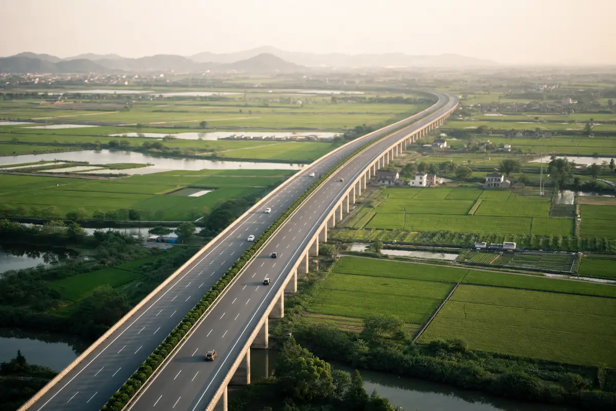 An expressway crossing flat green delta country towards distant hills