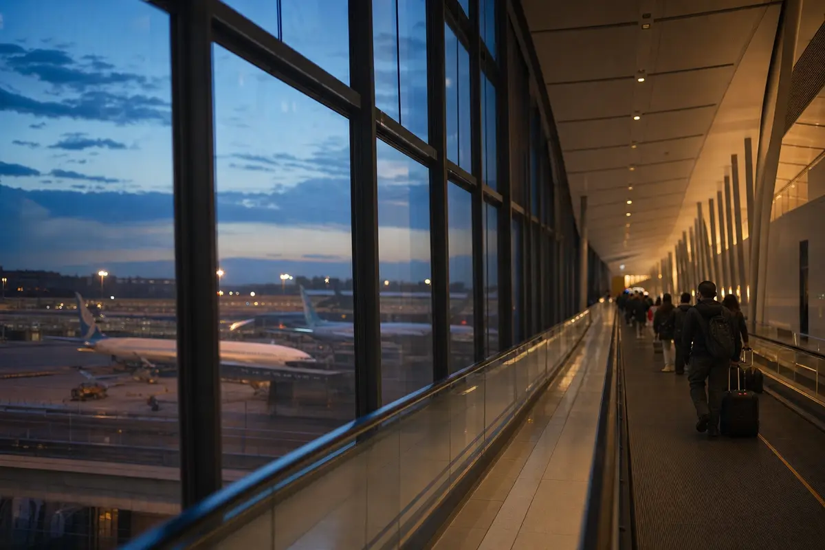 A walkway inside an airport terminal at dusk with aircraft visible outside