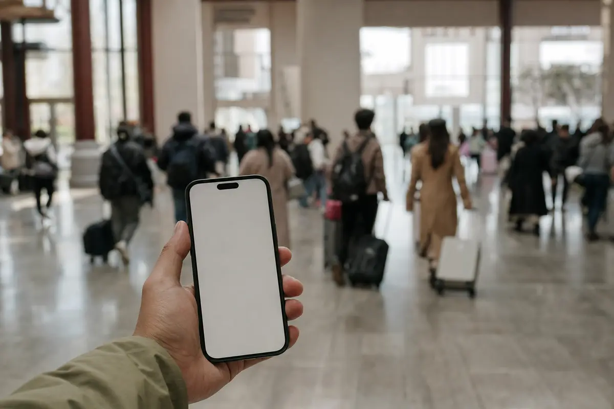 A hand holding a smartphone in a station concourse with departure boards blurred behind