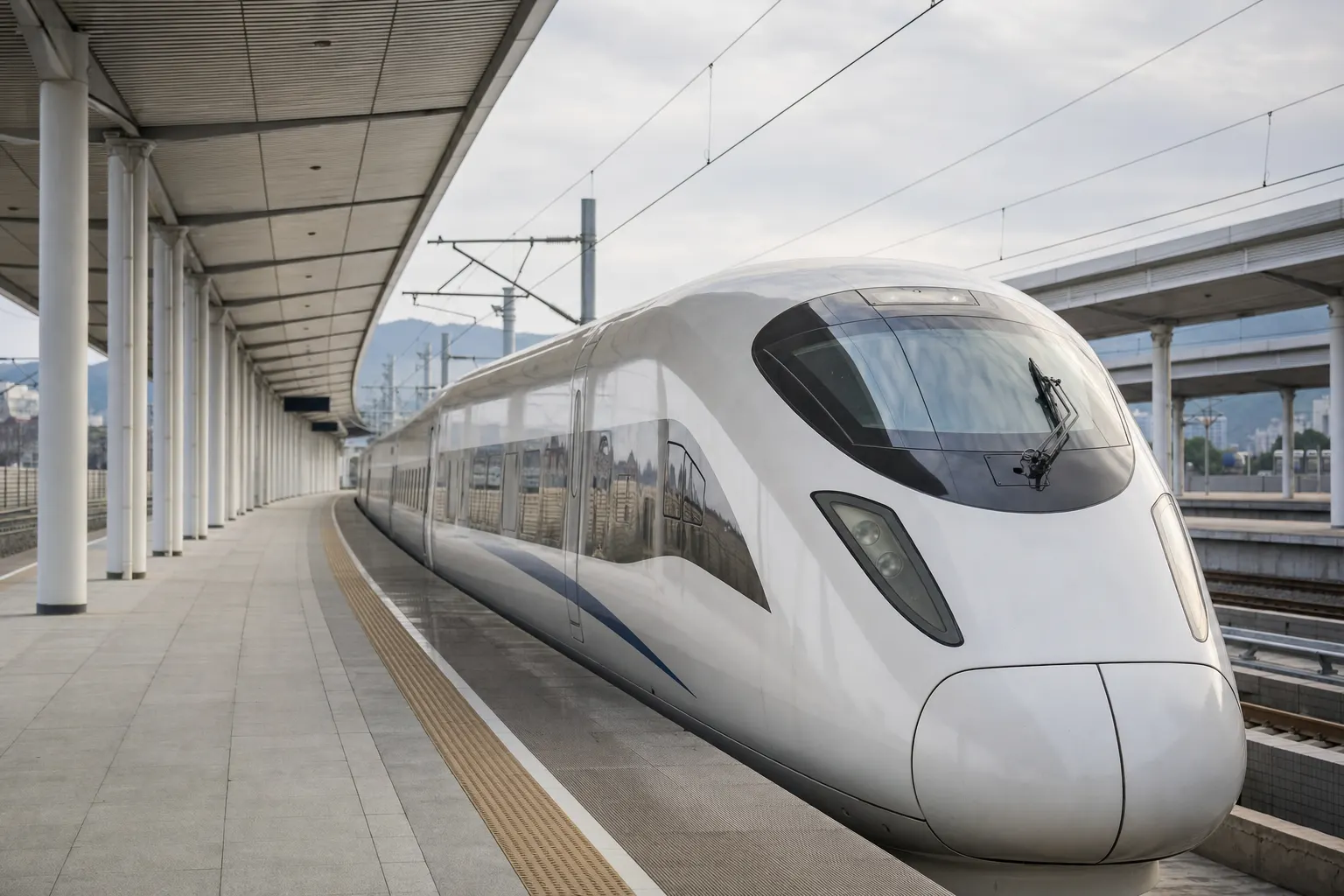 A white high speed train standing at an empty platform under a long station canopy
