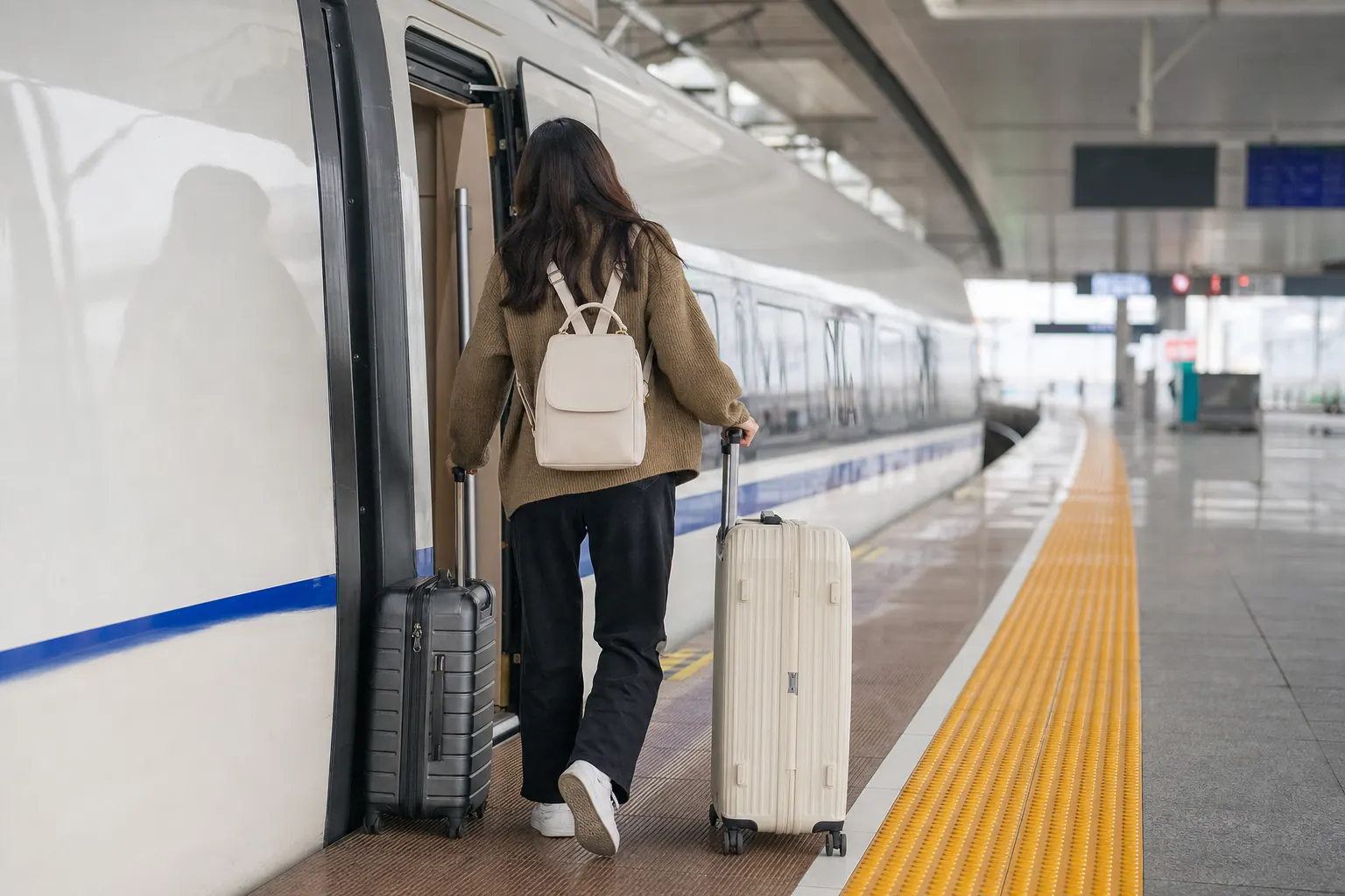 A high-speed train waiting at a platform in eastern China with a traveler and two suitcases on the platform edge