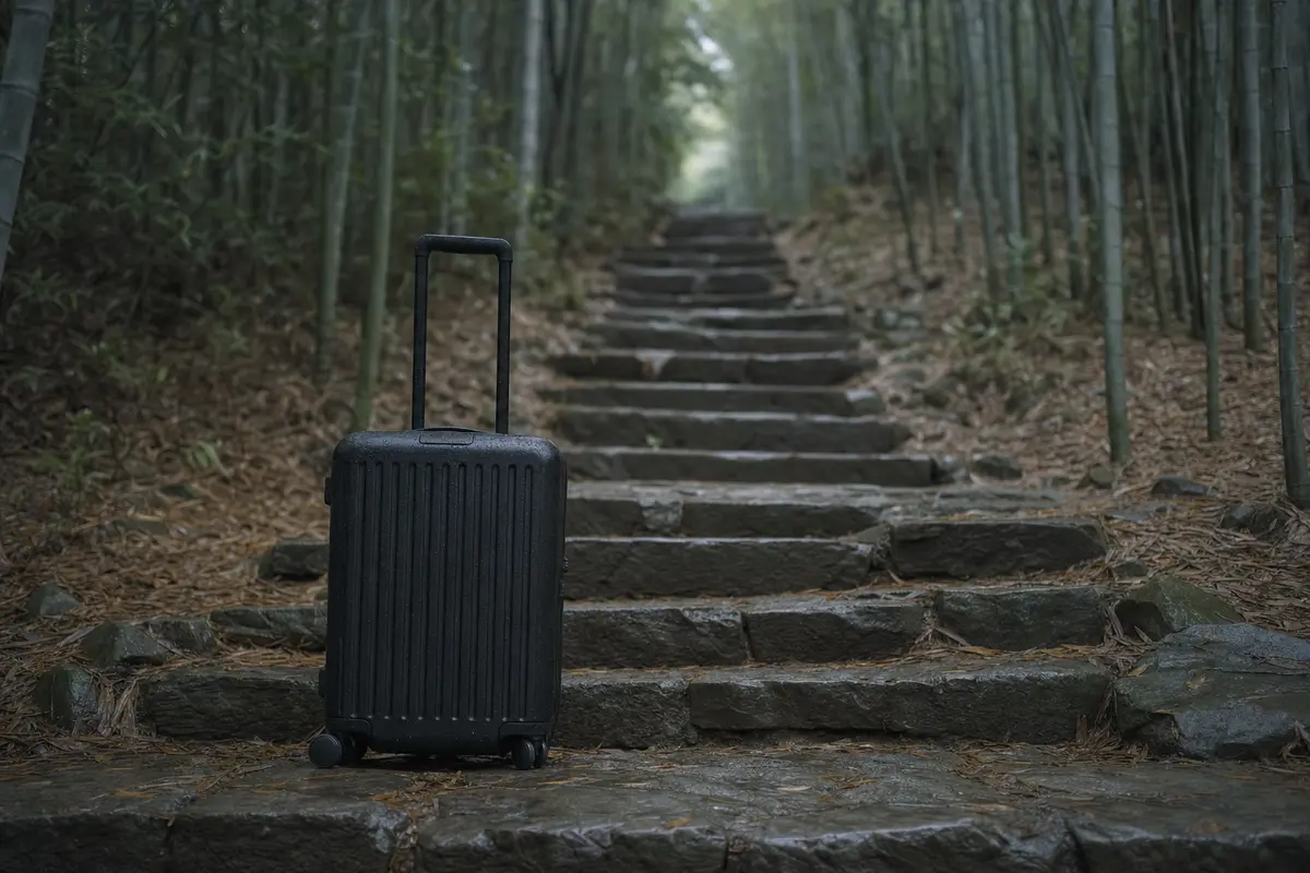 A suitcase at the bottom of a long flight of uneven stone steps climbing into bamboo