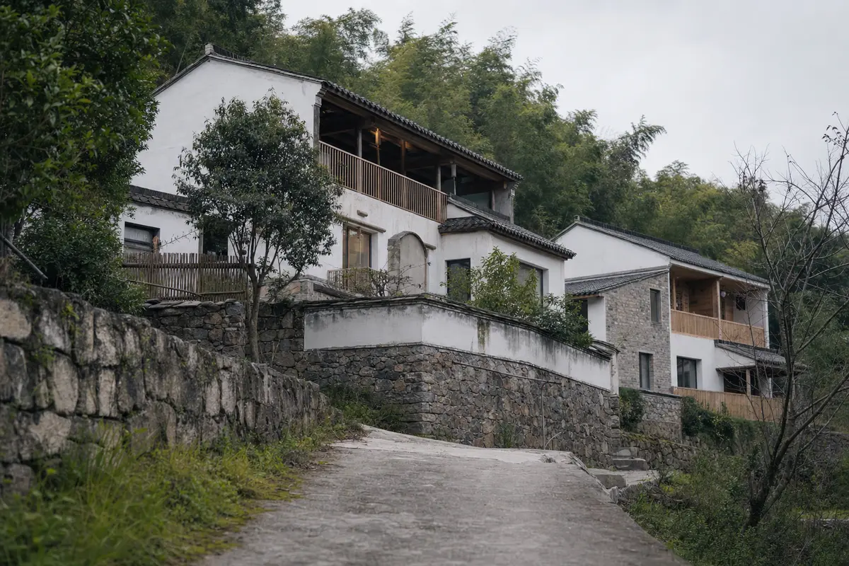 Three converted guesthouses standing close together on a bamboo hillside
