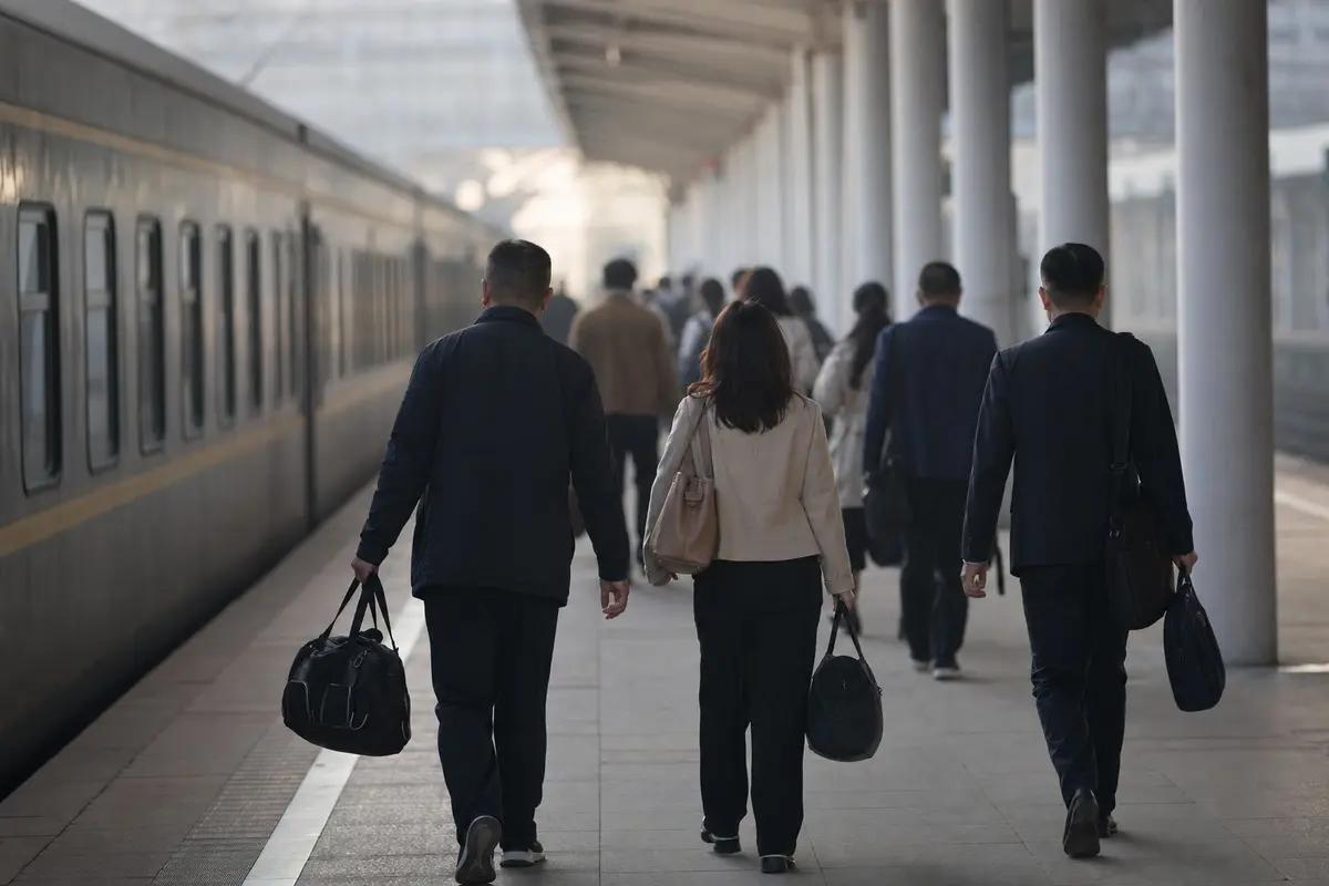 A group with overnight bags walking along a station platform seen from behind