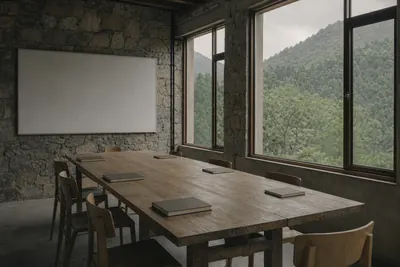 A plain wooden meeting table and closed notebooks in a stone-walled room, with forested hills through tall windows