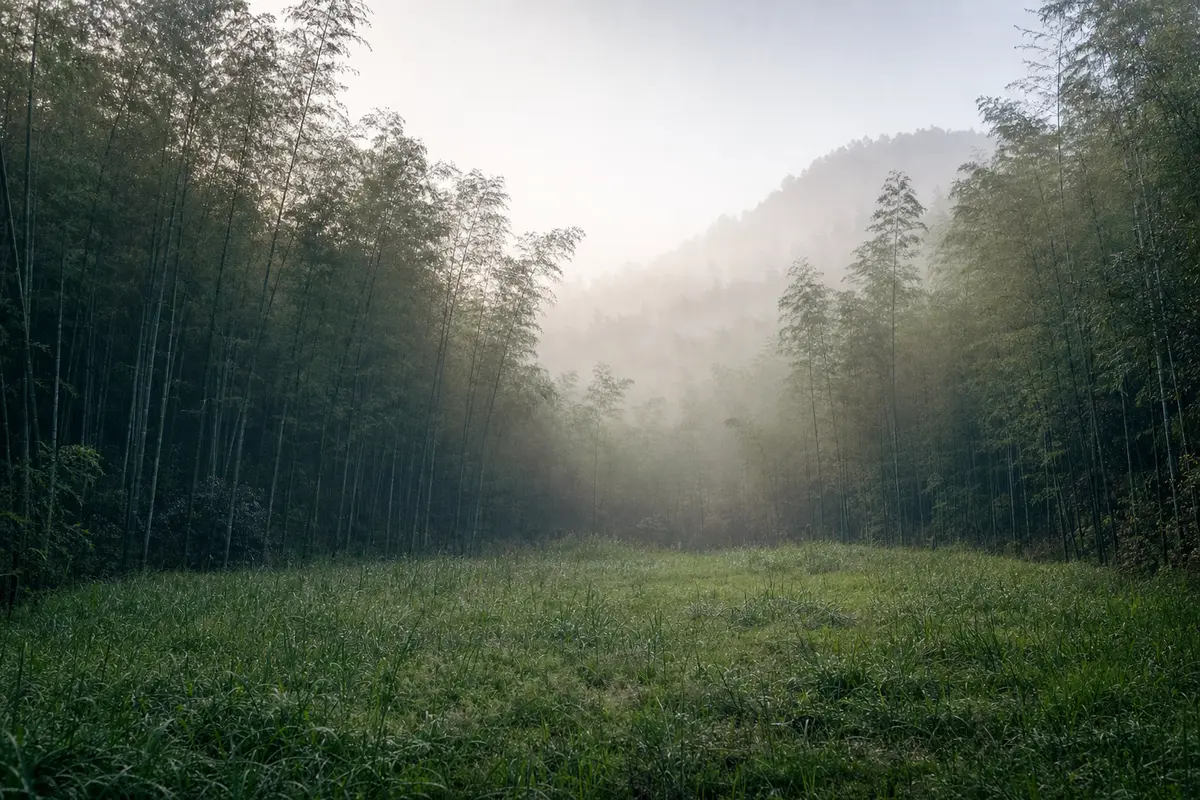 An empty grass clearing ringed by tall bamboo with morning mist lifting