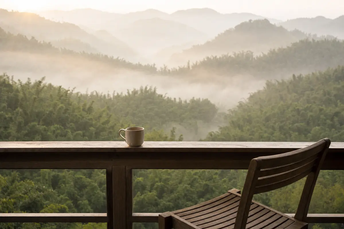 Mist burning off a bamboo valley seen from a guesthouse balcony with a chair and cup
