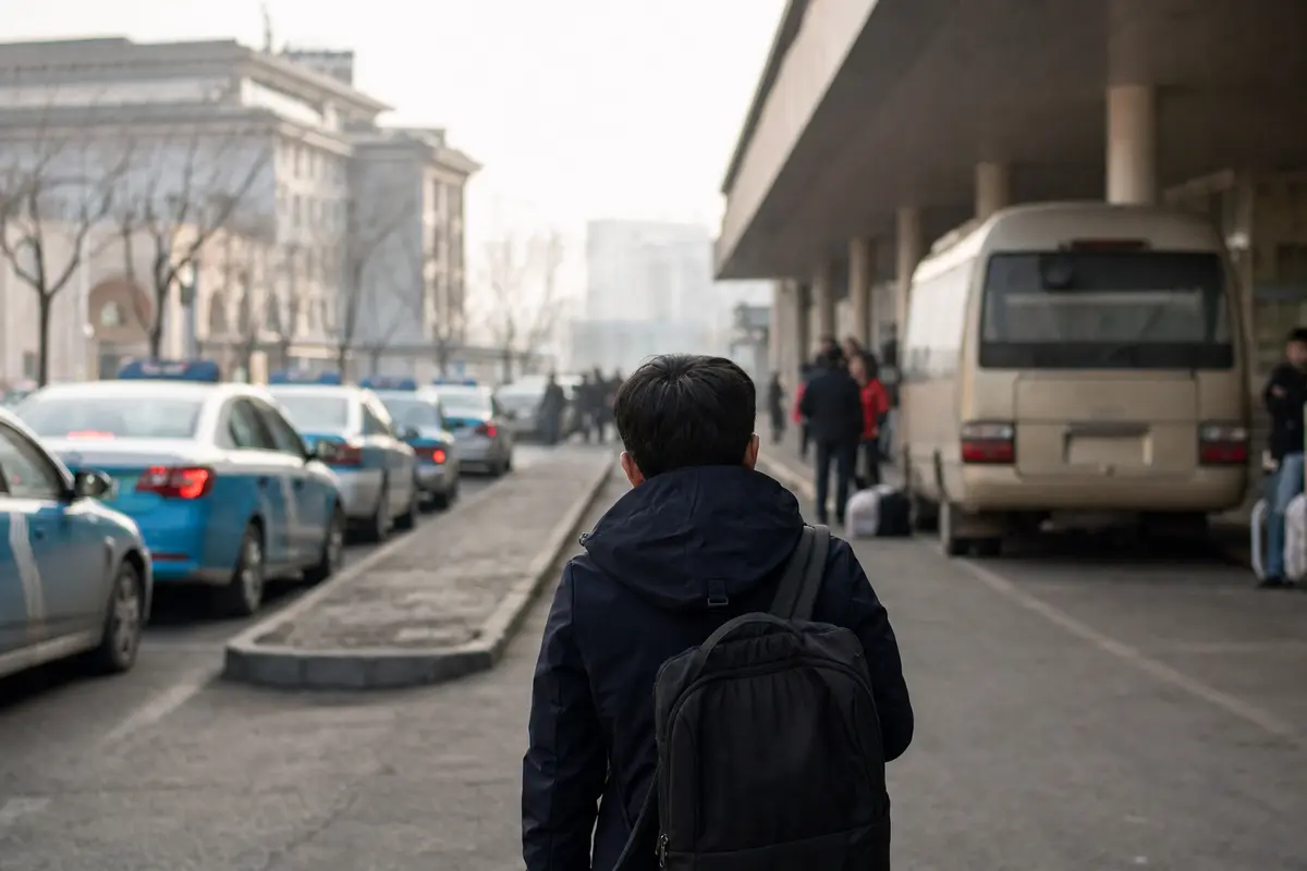 A traveller standing between a taxi rank and a coach bay outside a station