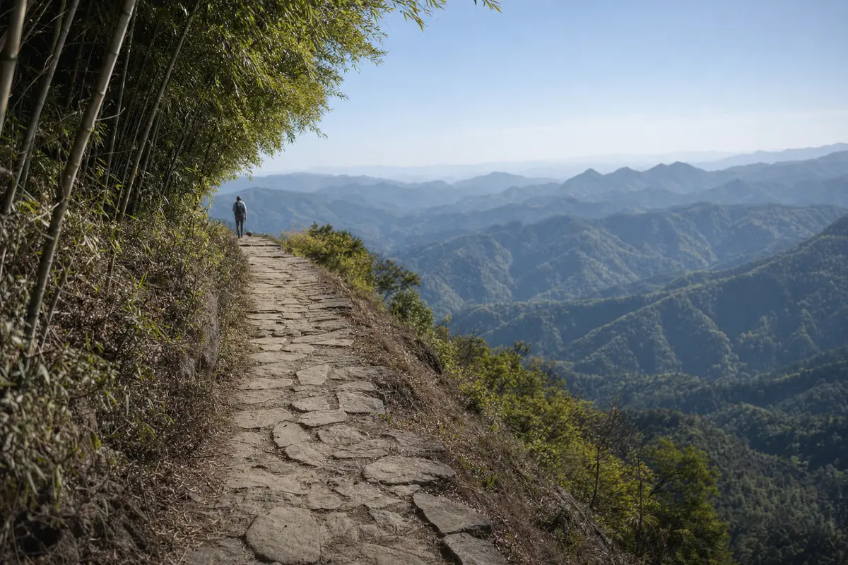 A stone path along a mountain contour with a long view over green ridges