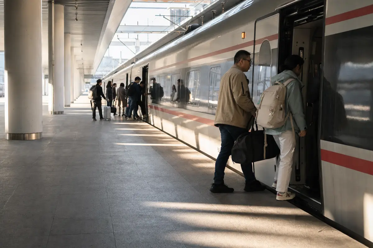 A half empty station platform at midday with a train waiting and doors open
