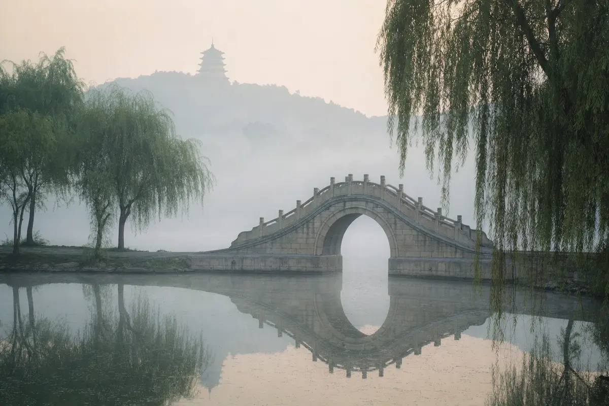A stone bridge and willows over still water at dawn with mist and a distant pagoda