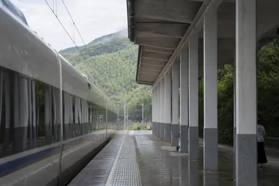 A high speed train waiting at a platform with the bamboo hills of northern Zhejiang beyond the tracks