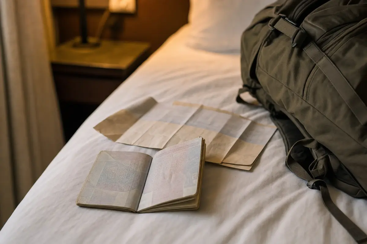 An open passport and a folded itinerary on a hotel bed beside a packed rucksack