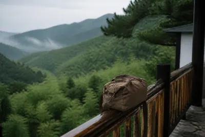 A weekend bag on a guesthouse terrace above bamboo ridges on a Saturday morning