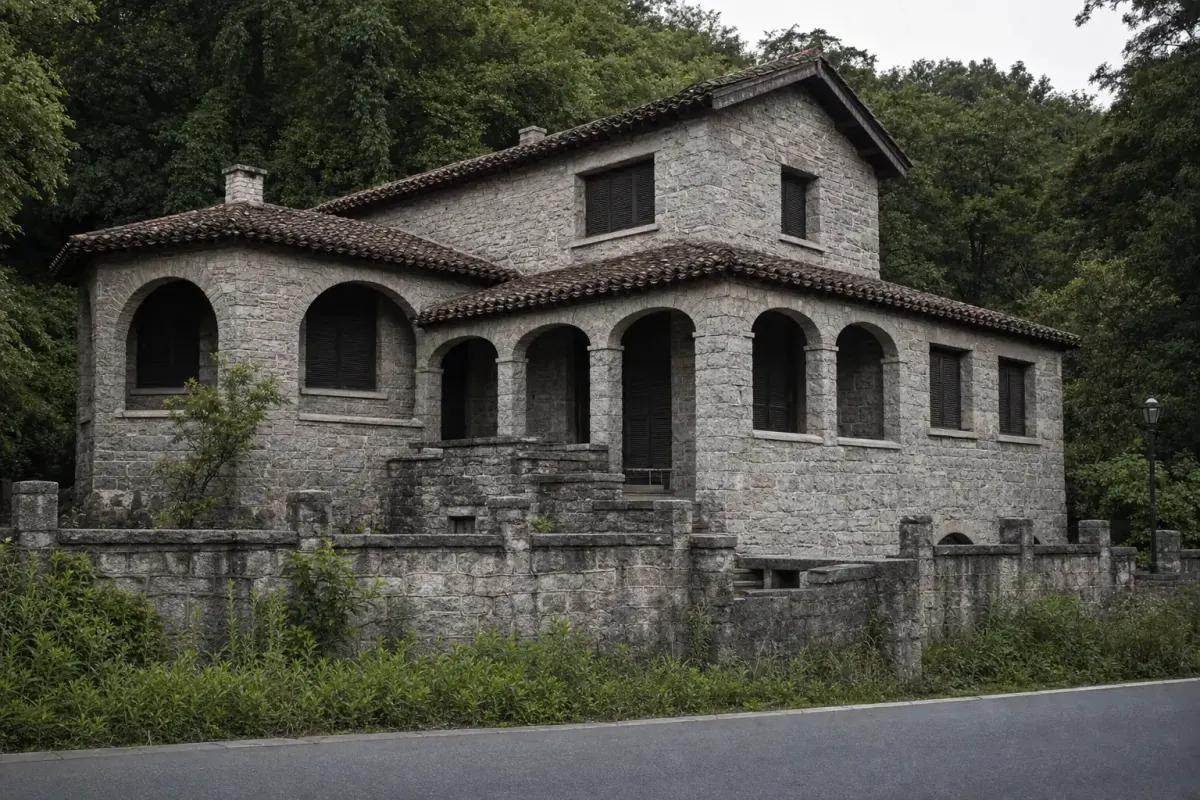 Stone villa on a Moganshan slope, seen from a public road