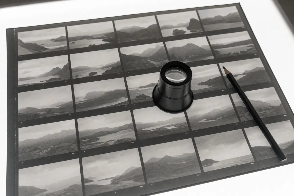 A photographic contact sheet on a light table with a loupe and pencil