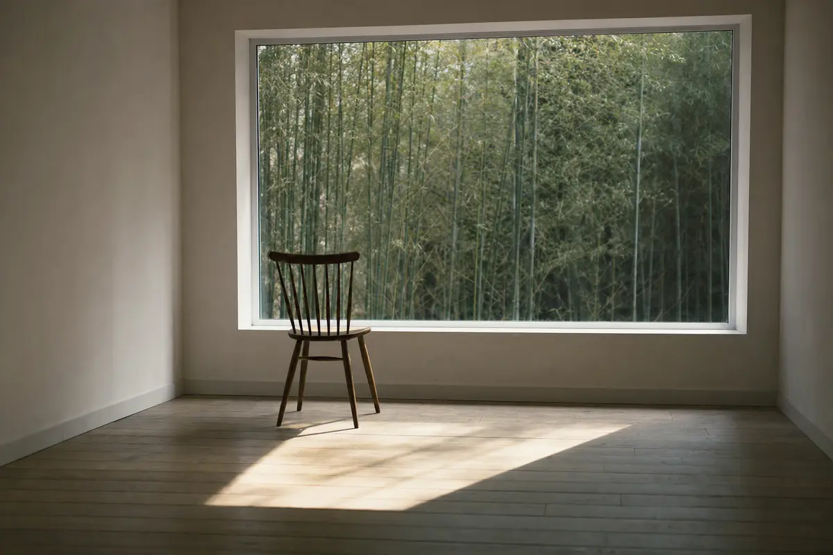 A single chair facing a wide window in an empty white room with bamboo outside