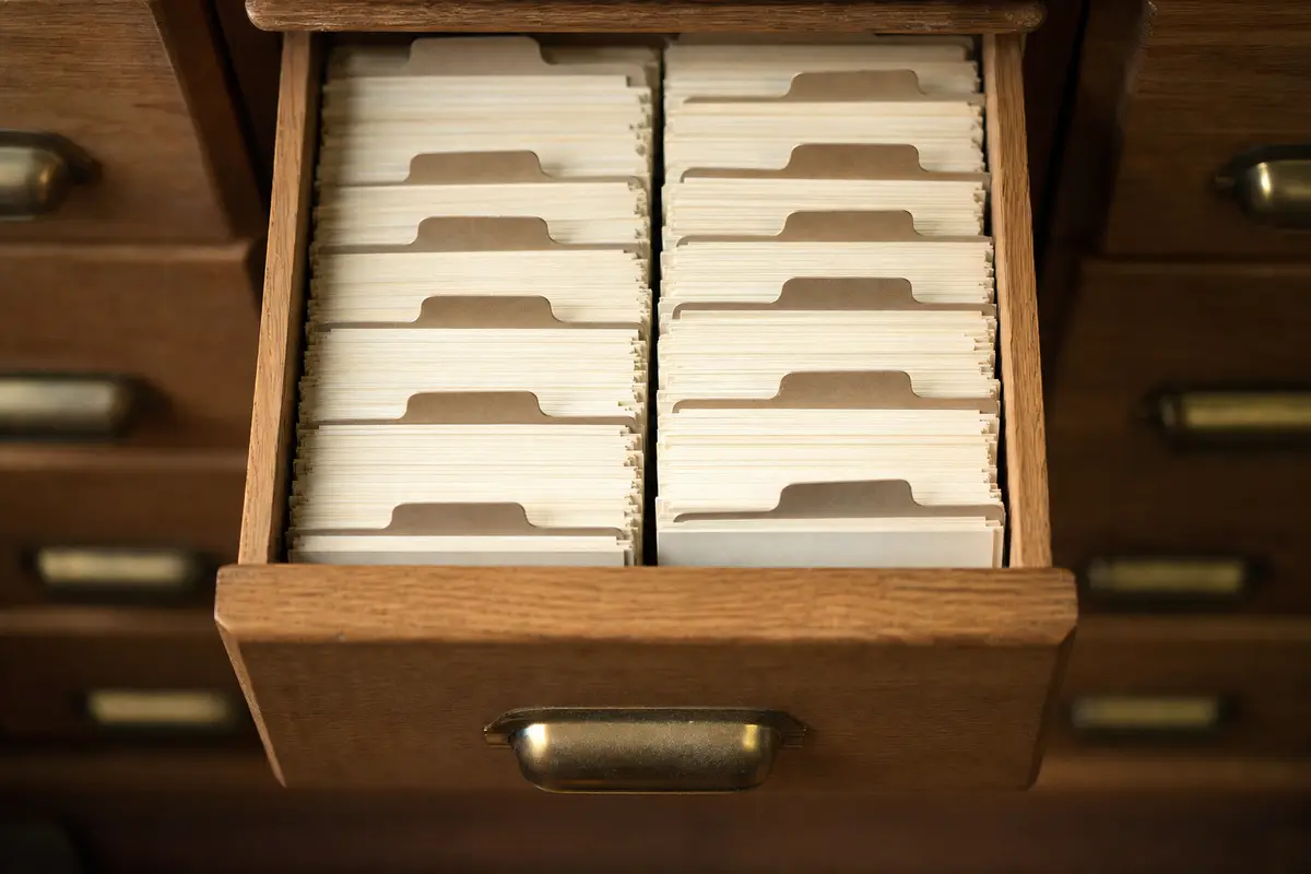 An open drawer of a wooden card index packed with blank dividers and cards