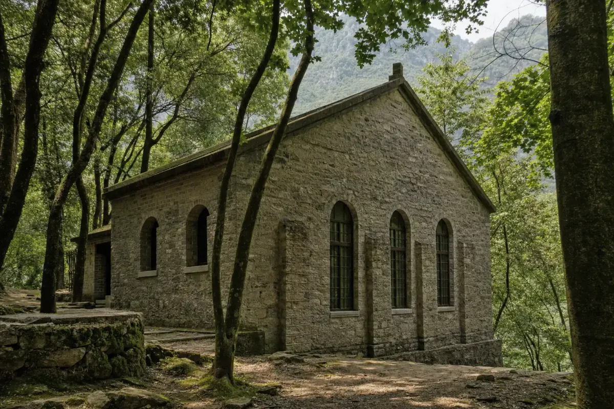 Church-style stone building among trees at Moganshan