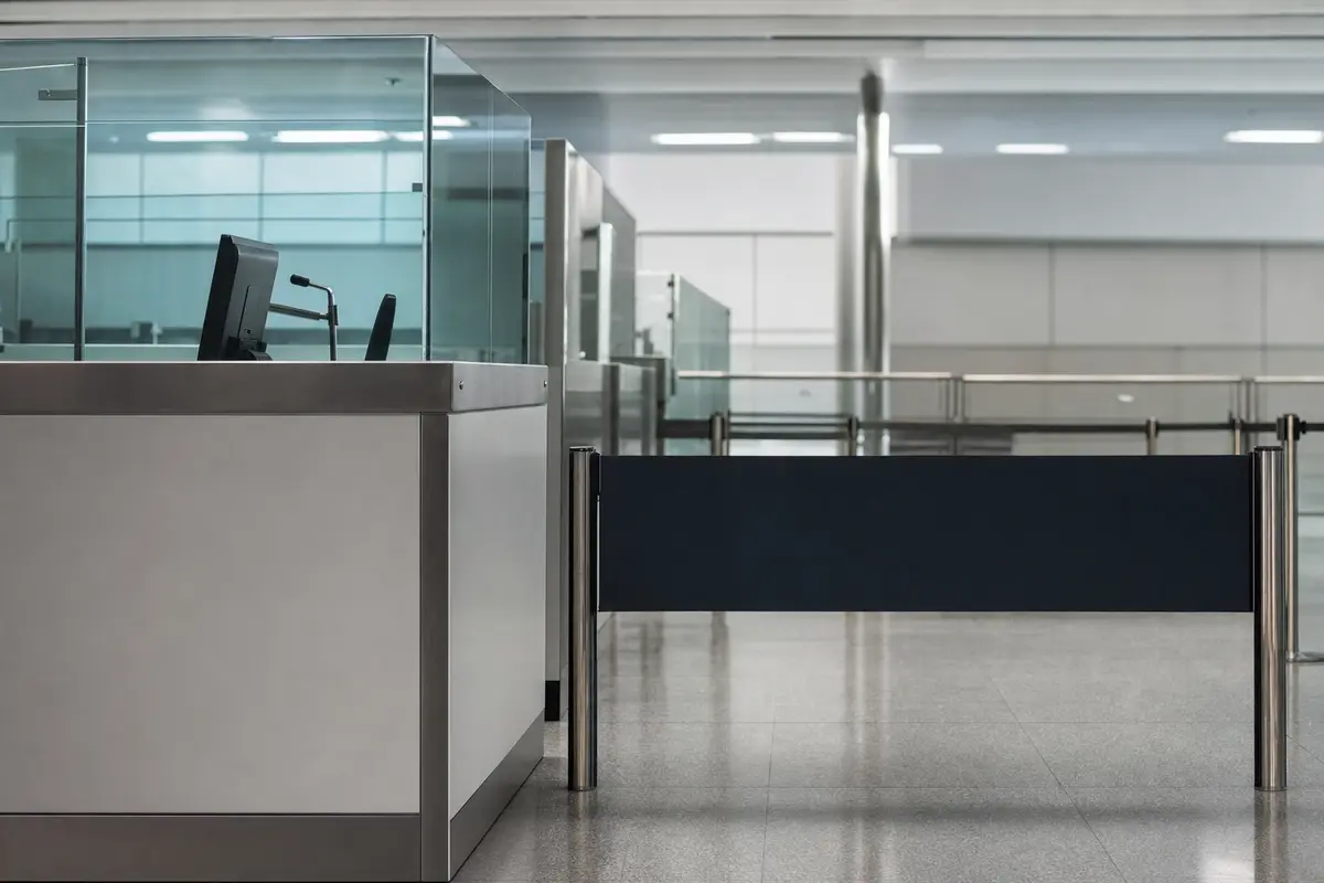 A quiet border control desk with a closed lane barrier