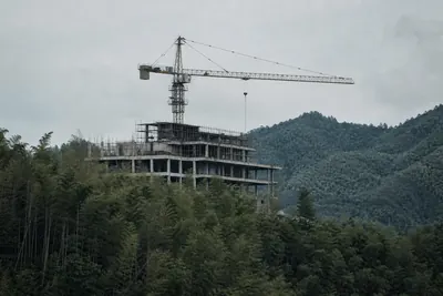 A tower crane above the concrete frame of a half built structure on a bamboo hillside