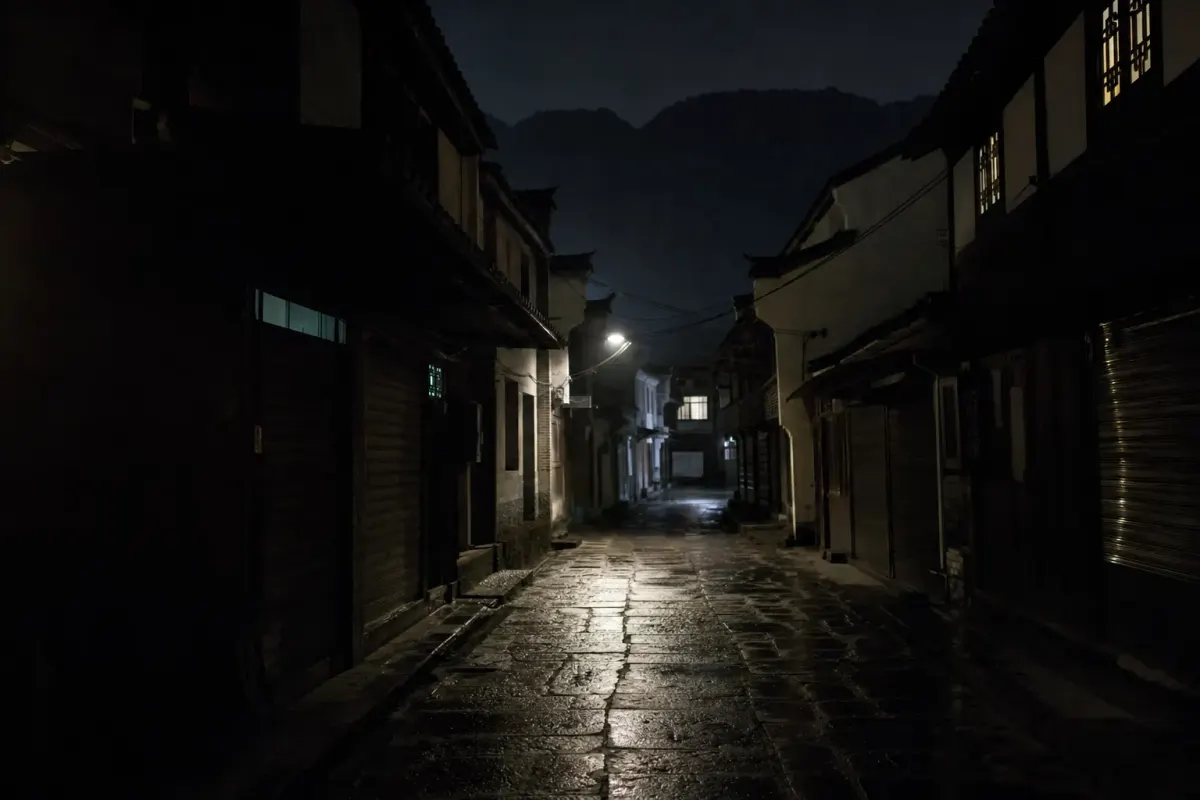 Quiet village street at Moganshan after dark