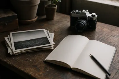 A film camera, a stack of unlabeled prints and an open blank notebook on a worn wooden desk