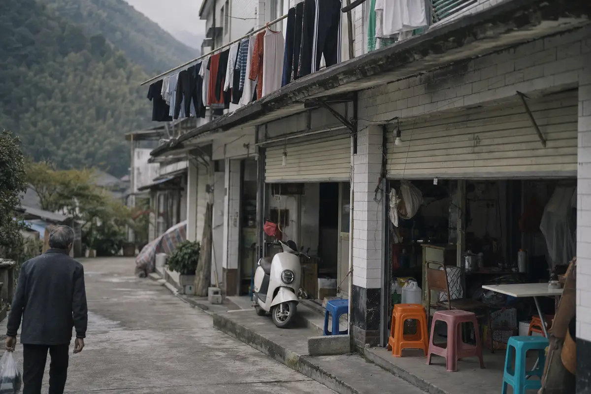 An ordinary mountain village street with shutters half down and a scooter parked