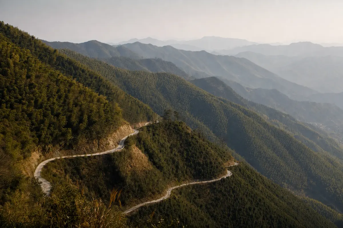 Bamboo covered mountain ridges fading into haze with a road switchbacking across the nearest slope