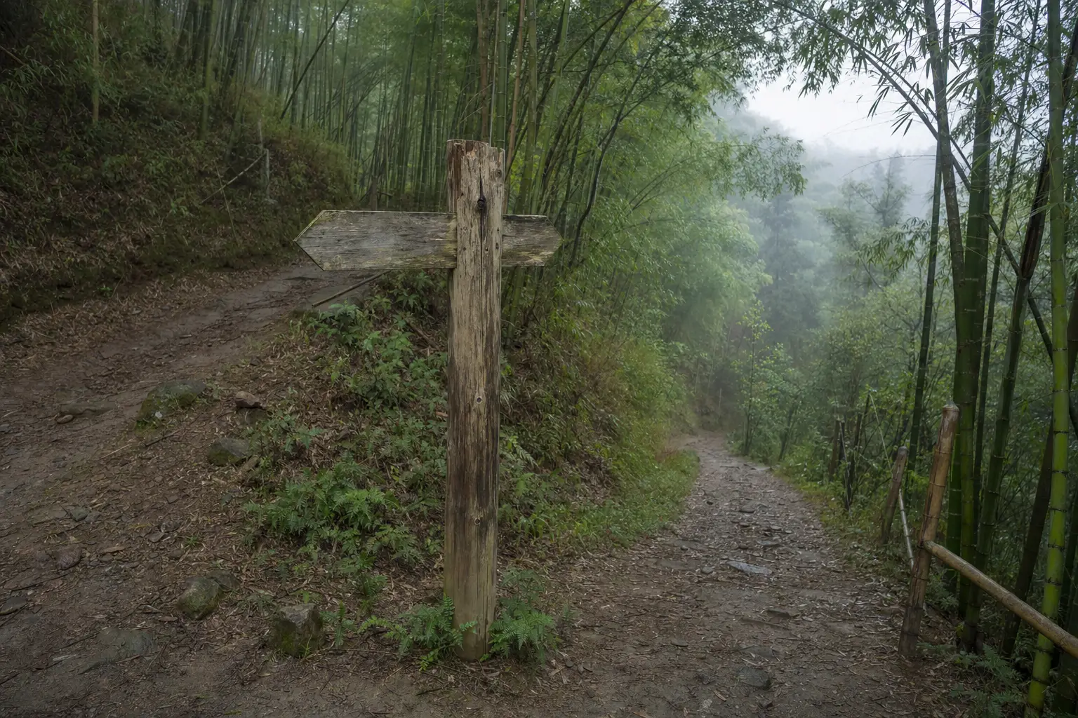 A weathered wooden signpost where two forest paths meet in the bamboo on Moganshan