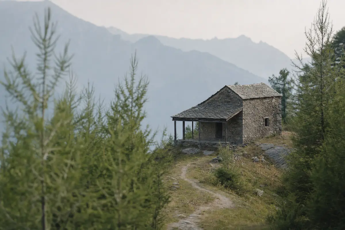 A plain early stone summer house with a timber veranda on a mountain shoulder
