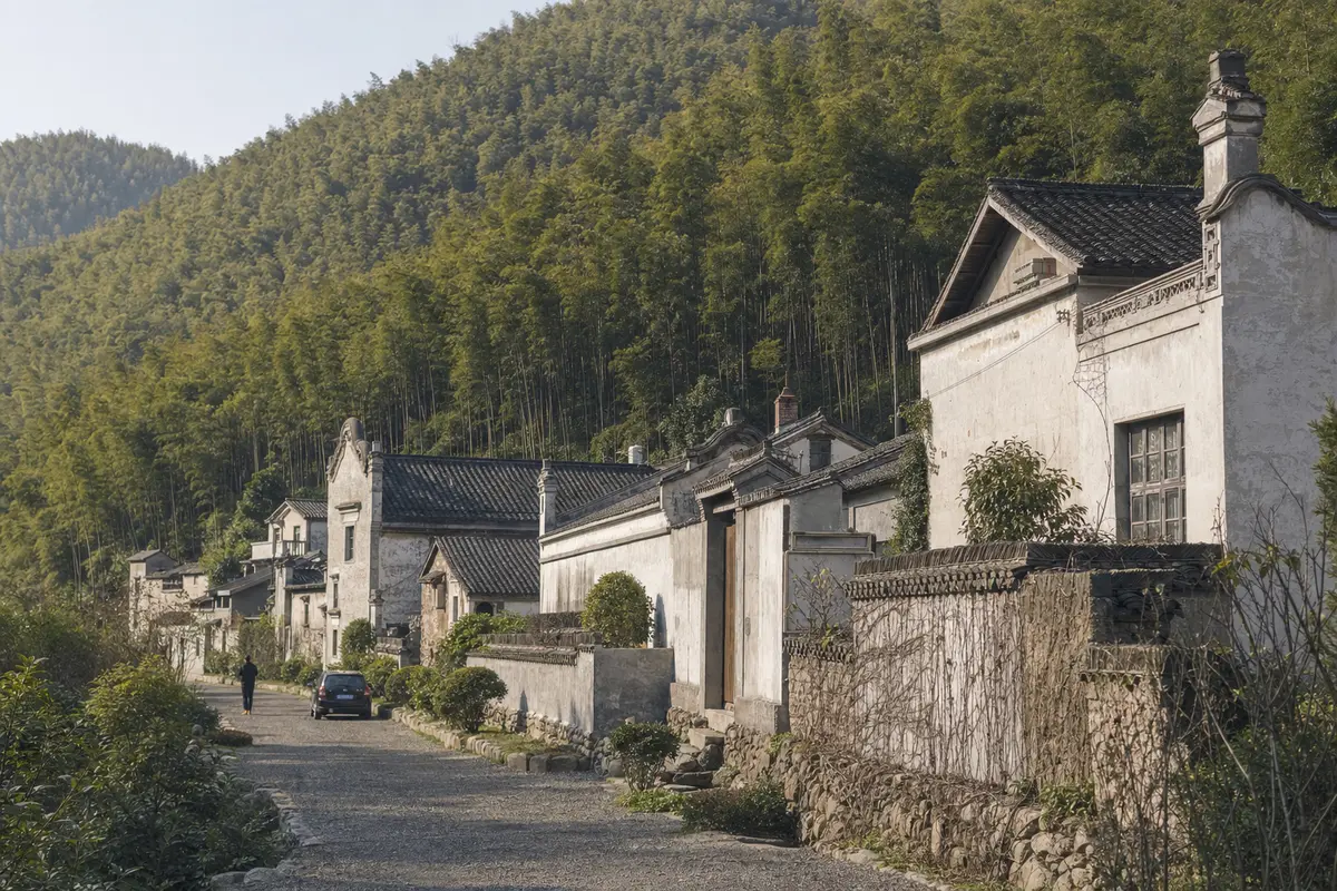 A row of stone villas with varied rooflines along a mountain contour above a gravel lane