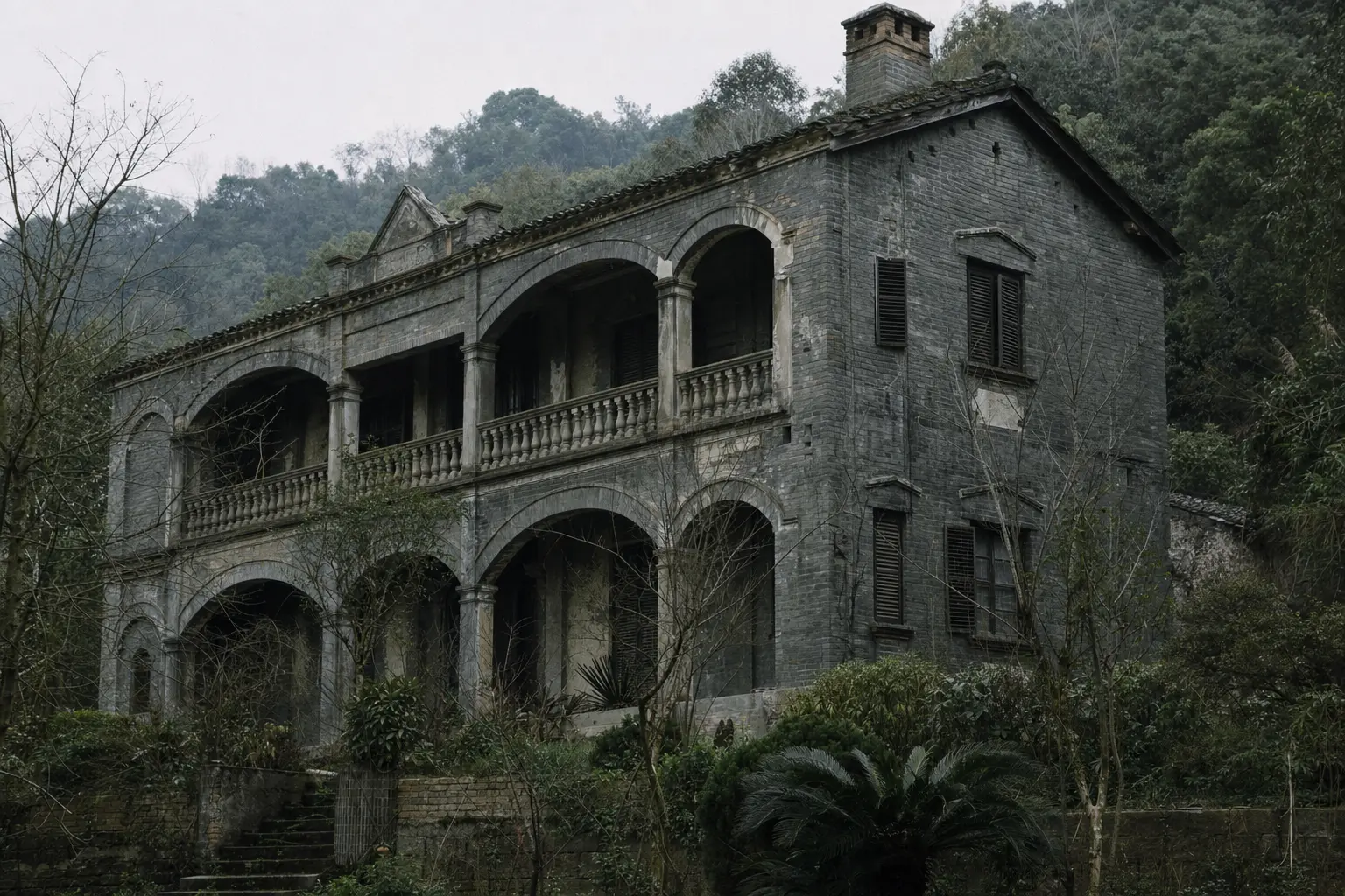 A weathered stone villa with an arched veranda standing empty in the trees at Moganshan