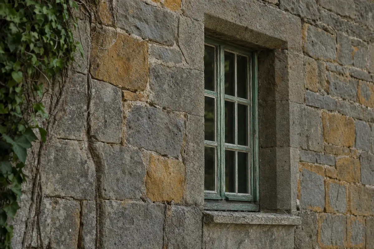 A rough coursed stone wall with a deep set window and peeling green timber frame