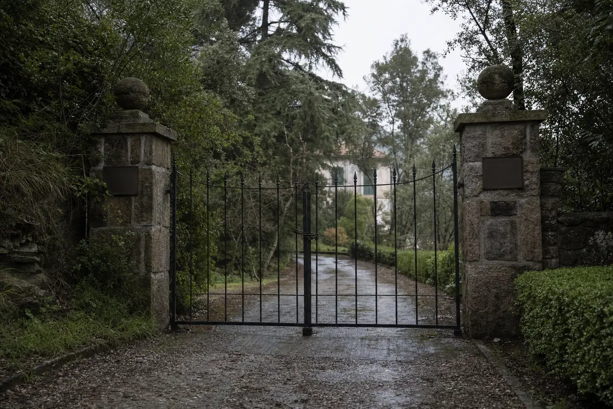 A chained iron gate across a private driveway with a house barely visible beyond