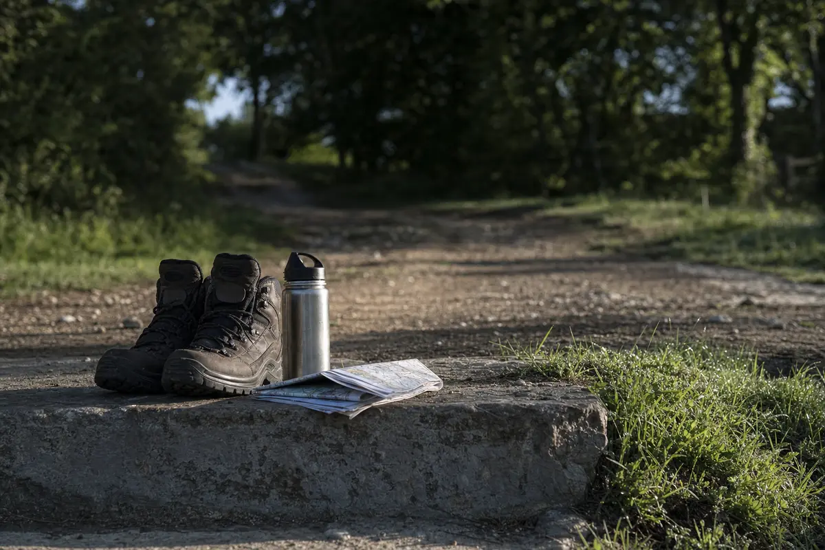 Walking boots, a folded map and a water bottle on a stone step at the start of a path