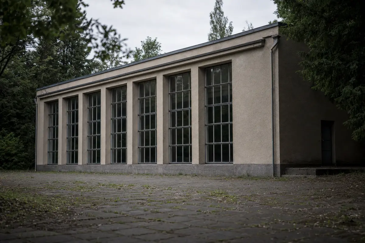 A plain mid century assembly hall with tall metal framed windows among trees
