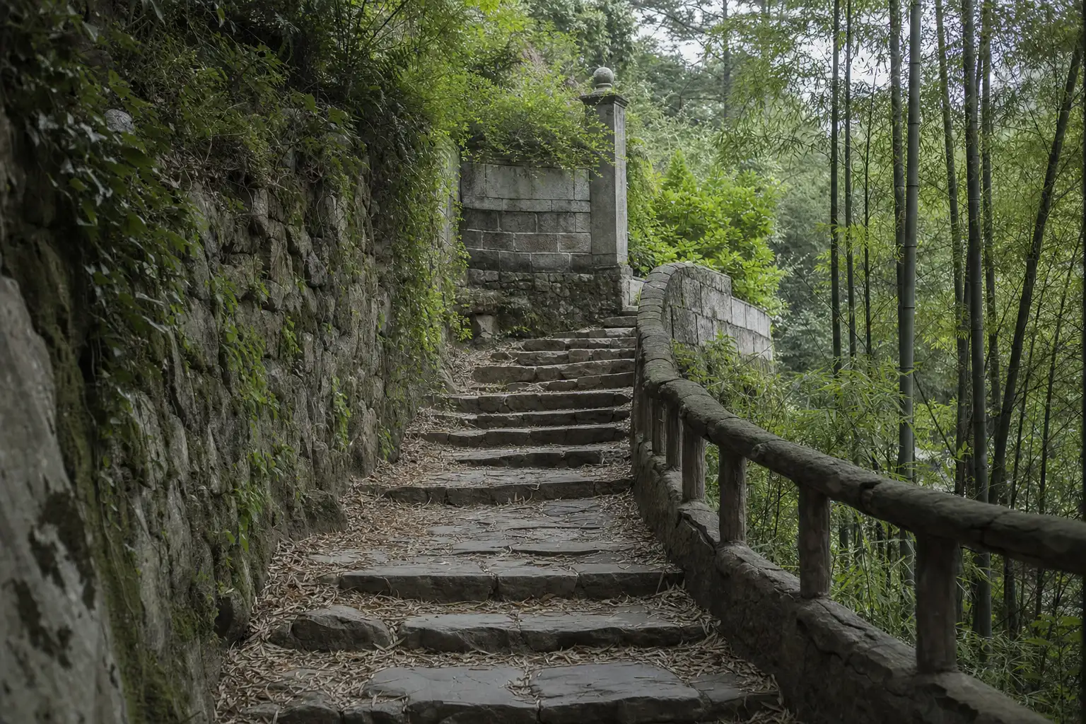 Worn stone steps climbing between mossy garden walls towards a villa gatepost