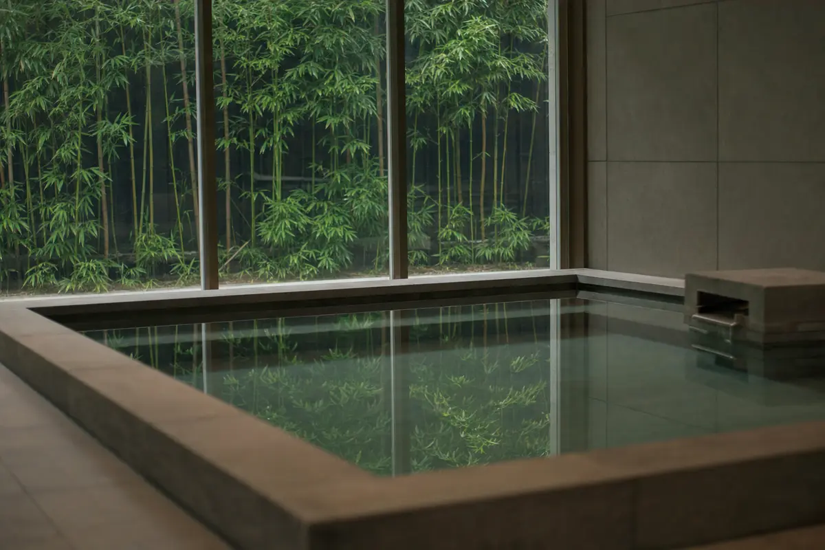 A still indoor hotel pool with a glass wall looking onto bamboo