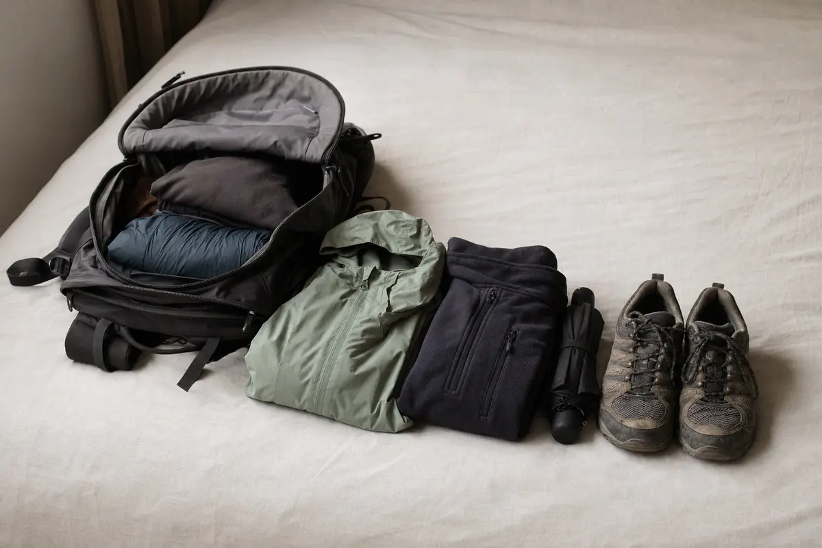 A daypack, rain shell, fleece, umbrella and walking shoes laid out on a bed