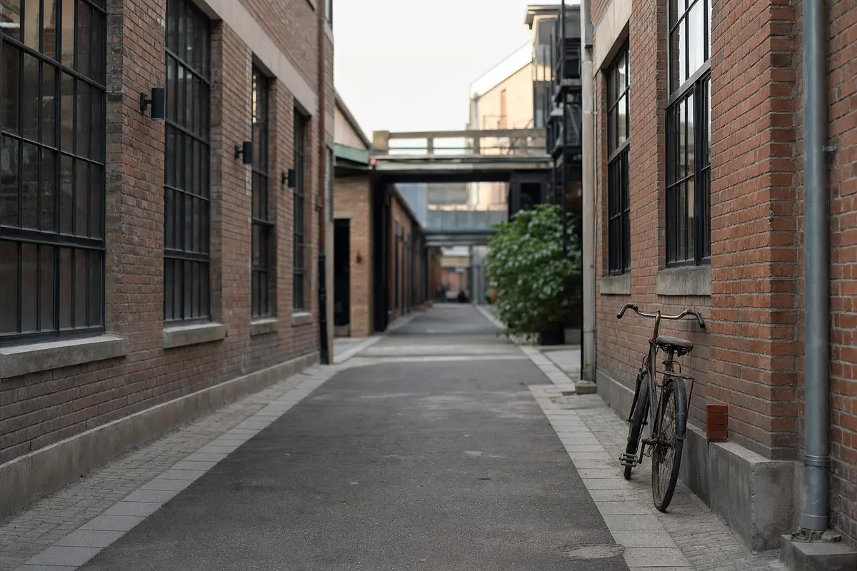 A converted industrial warehouse lane in a Chinese city with a bicycle against a wall