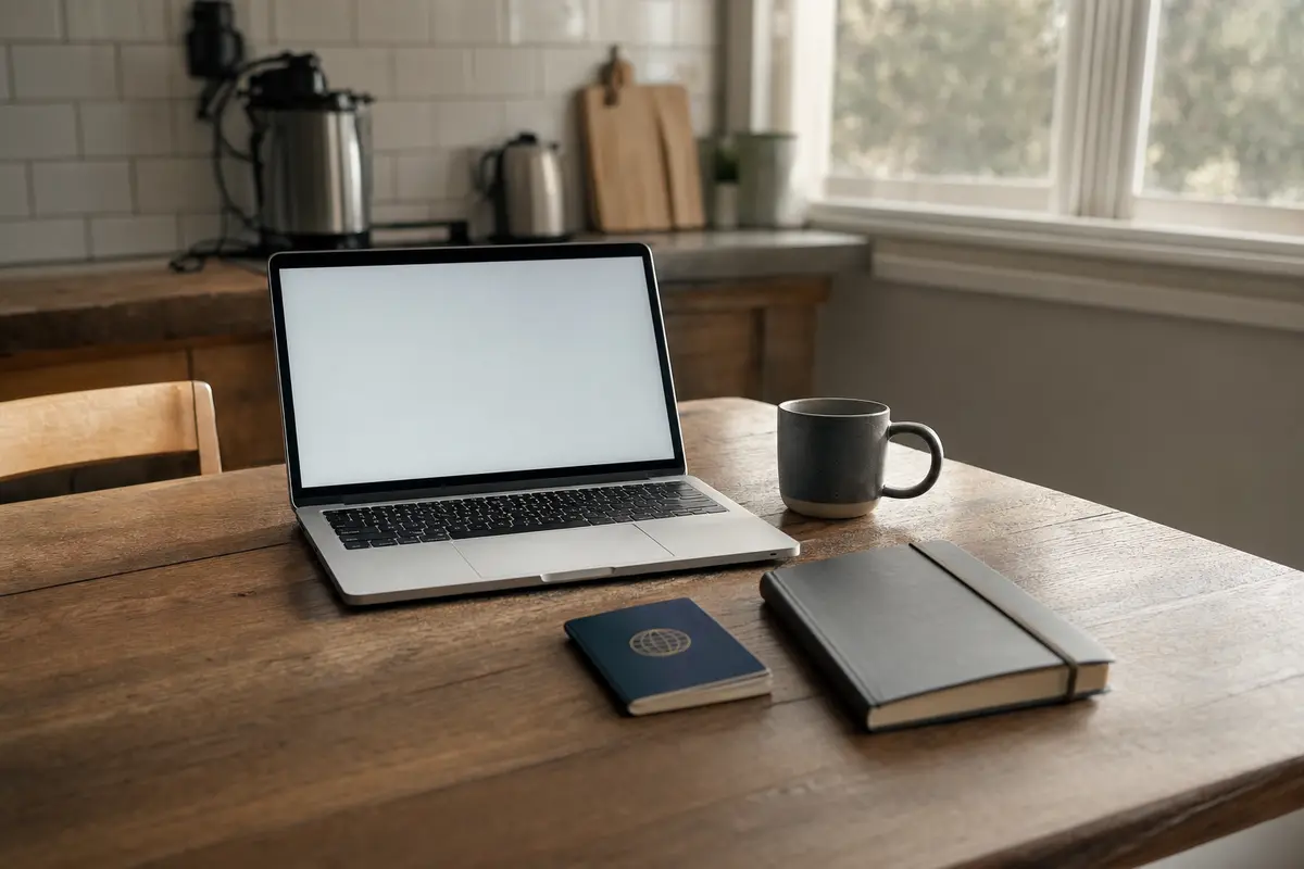 An open laptop, a passport and a notebook on a kitchen table in morning light